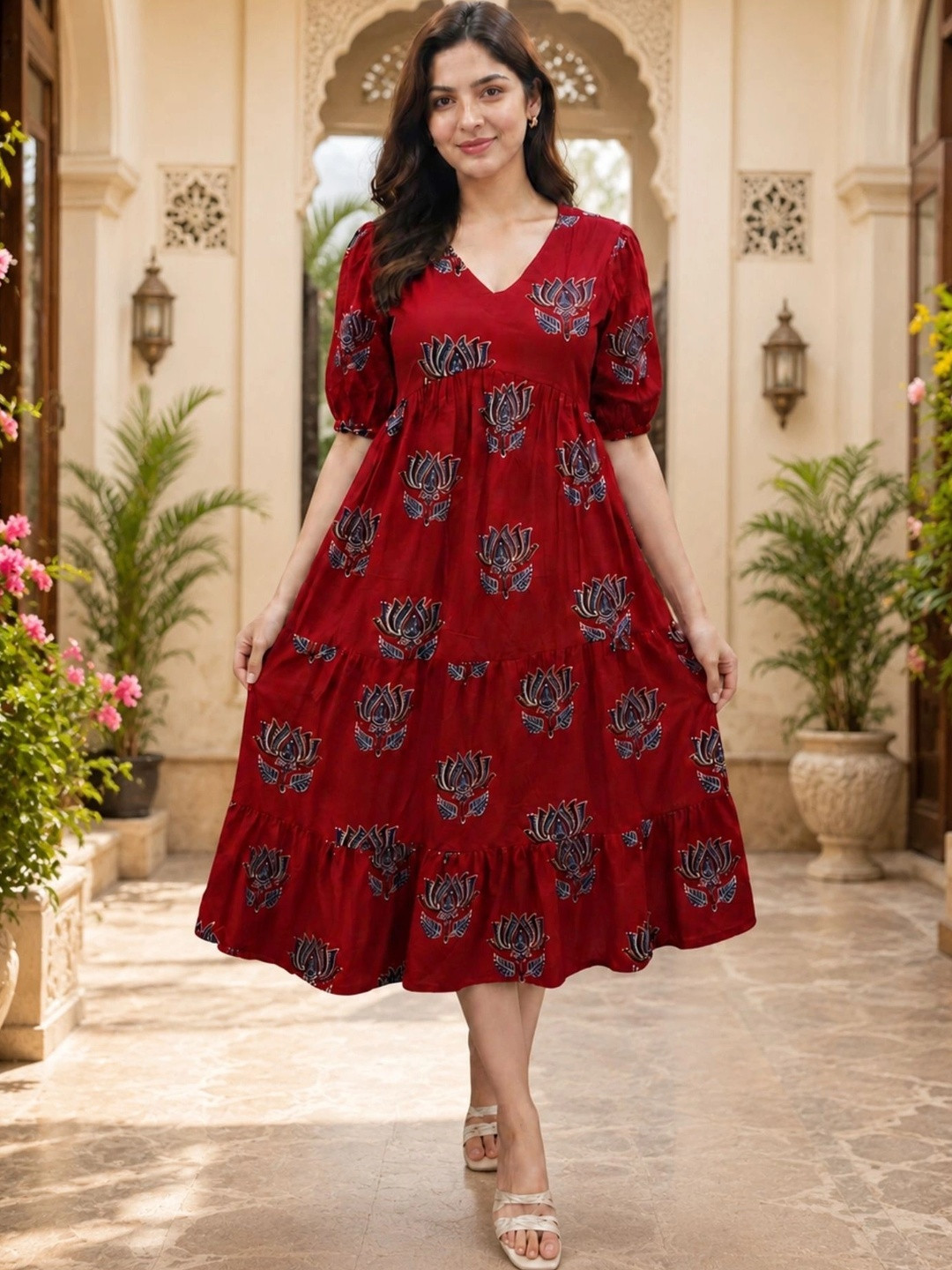 Kamayra Ethnic Motifs Print Puff Sleeve A-Line Midi Dress