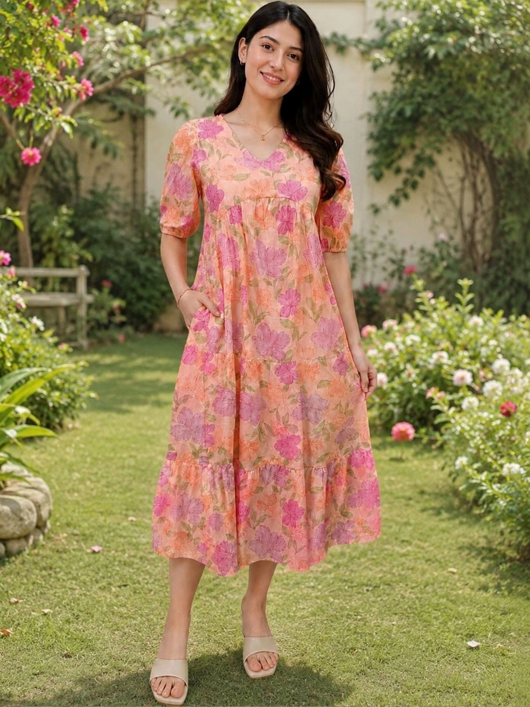 KALINI Floral Print Puff Sleeve A-Line Midi Dress