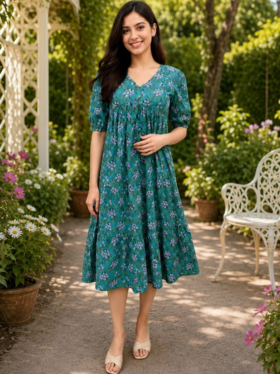 Kamayra Floral Print Puff Sleeve A-Line Midi Dress