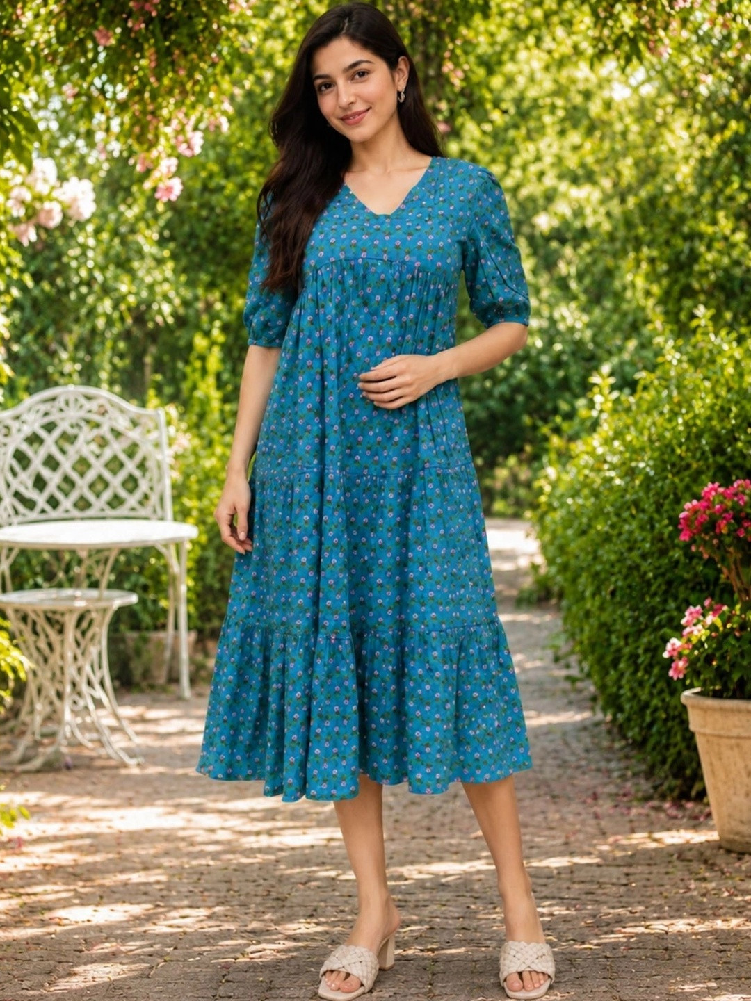 Kamayra Floral Print Puff Sleeve A-Line Midi Dress