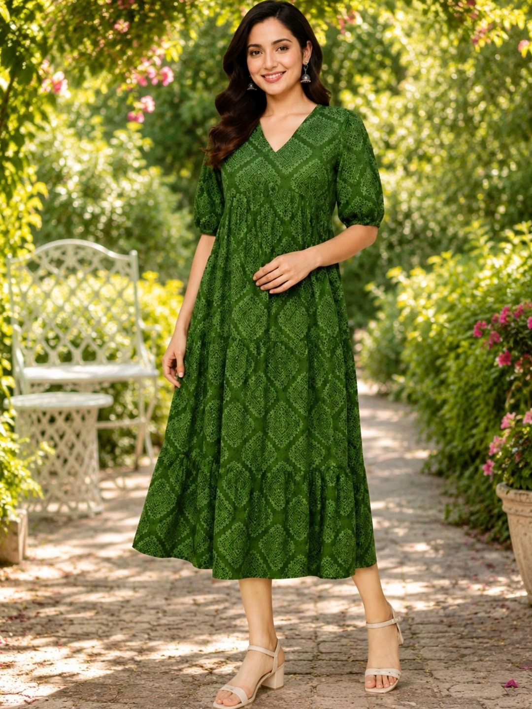 CORSICA Ethnic Motifs Print Puff Sleeve A-Line Midi Dress