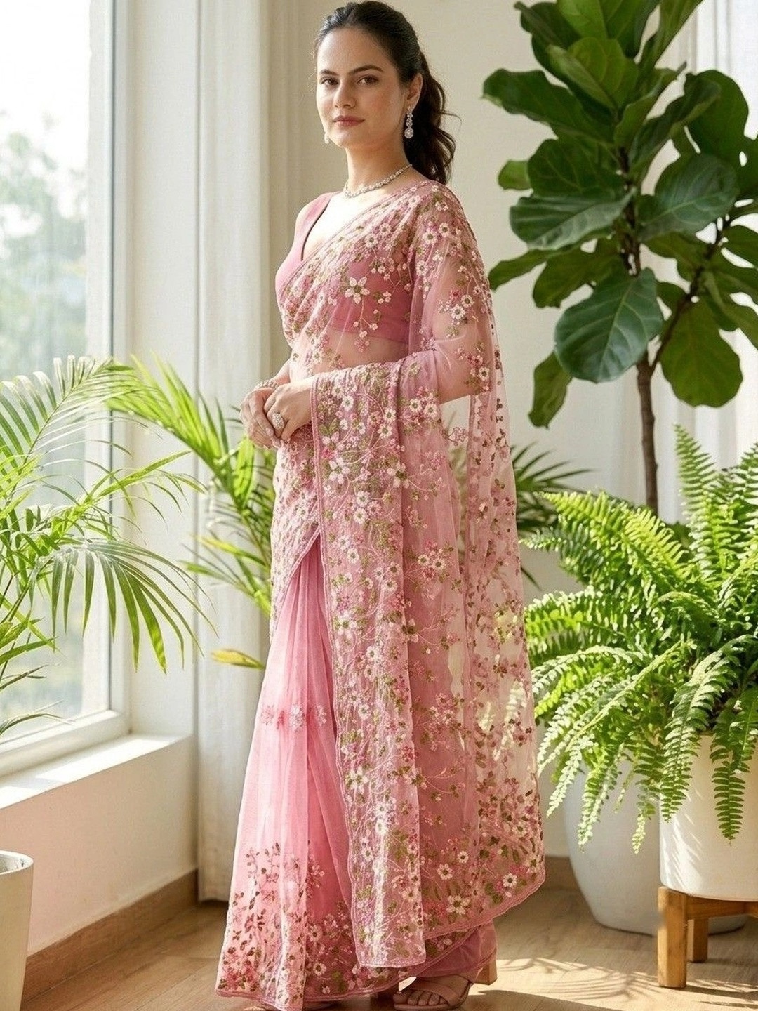 HERE&NOW Floral Embroidered Net Saree