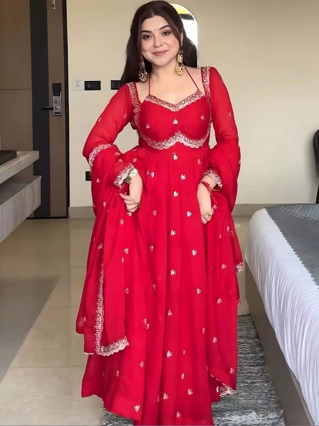Anouk Women Ethnic Motifs Embroidered Empire Kurta with Trousers & With Dupatta