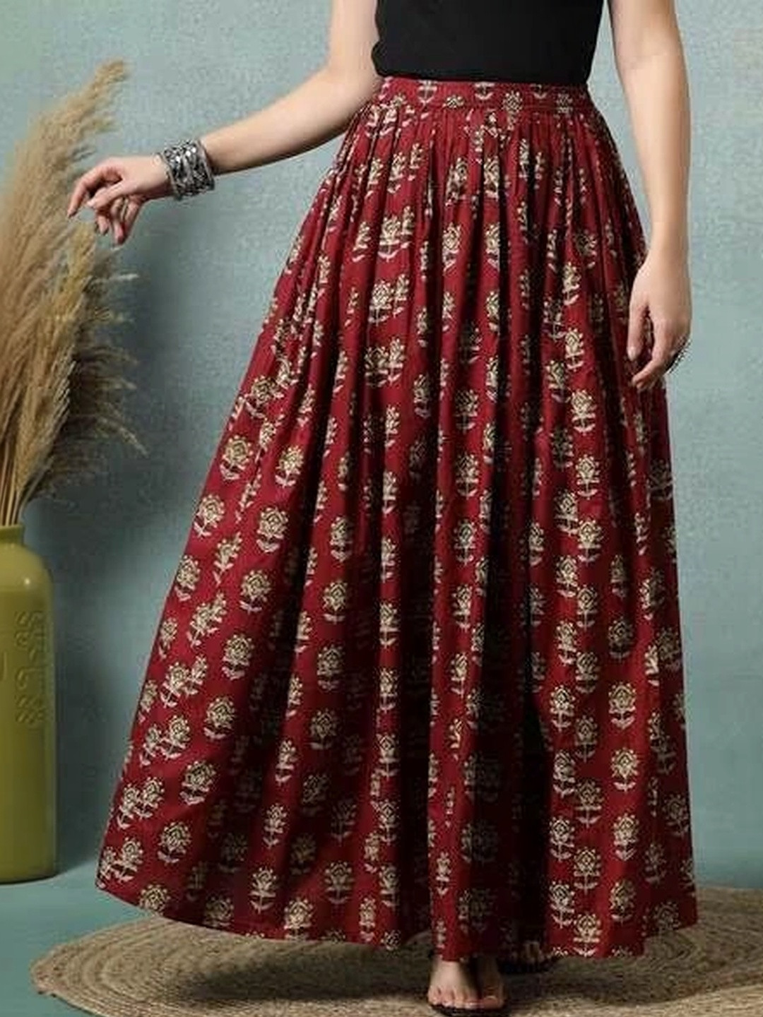 REAM Women Pure Cotton Floral Maxi Flared Skirt