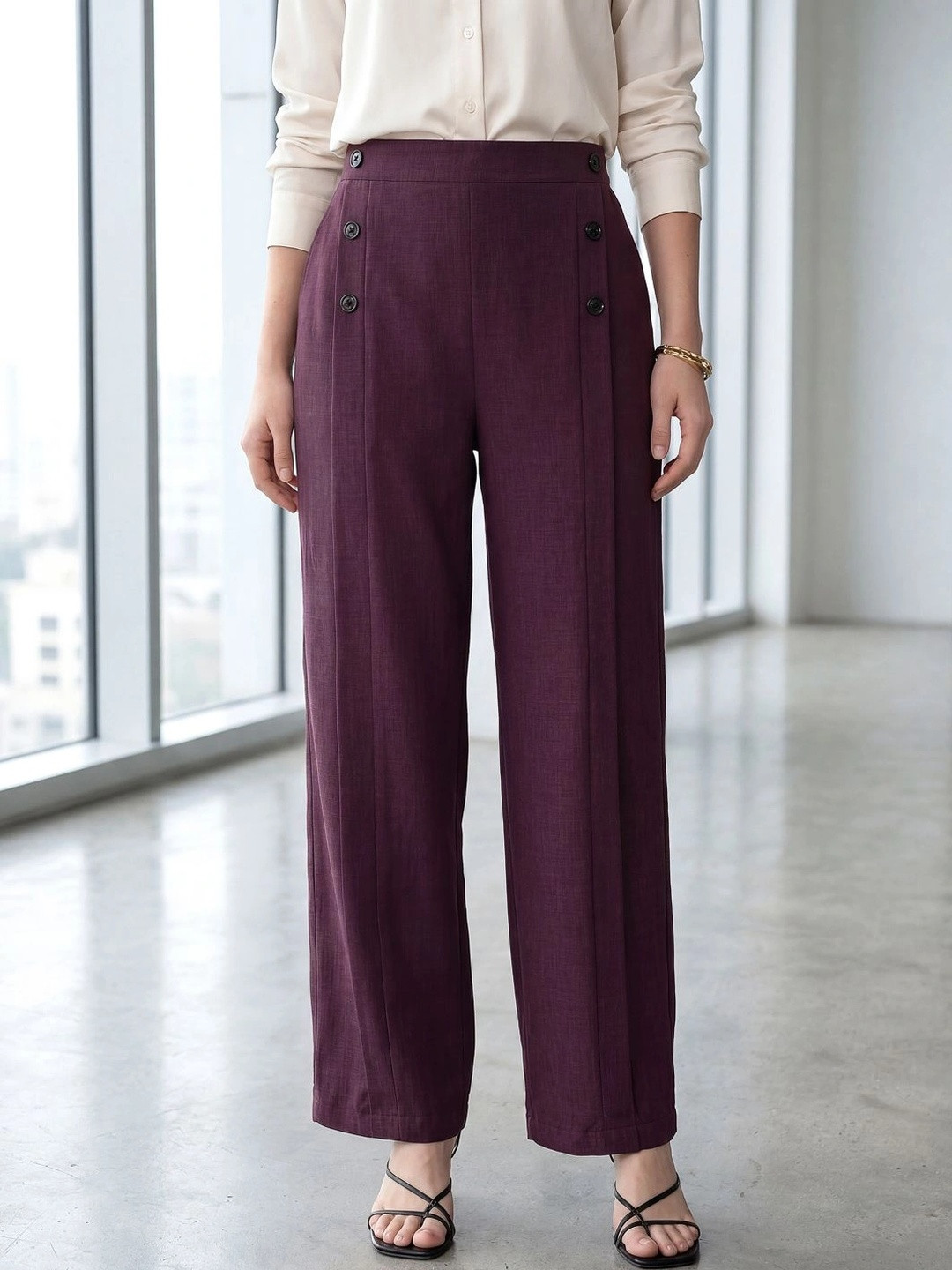 PURVAJA Women Relaxed Straight Leg High-Rise Easy Wash Pleated Trousers