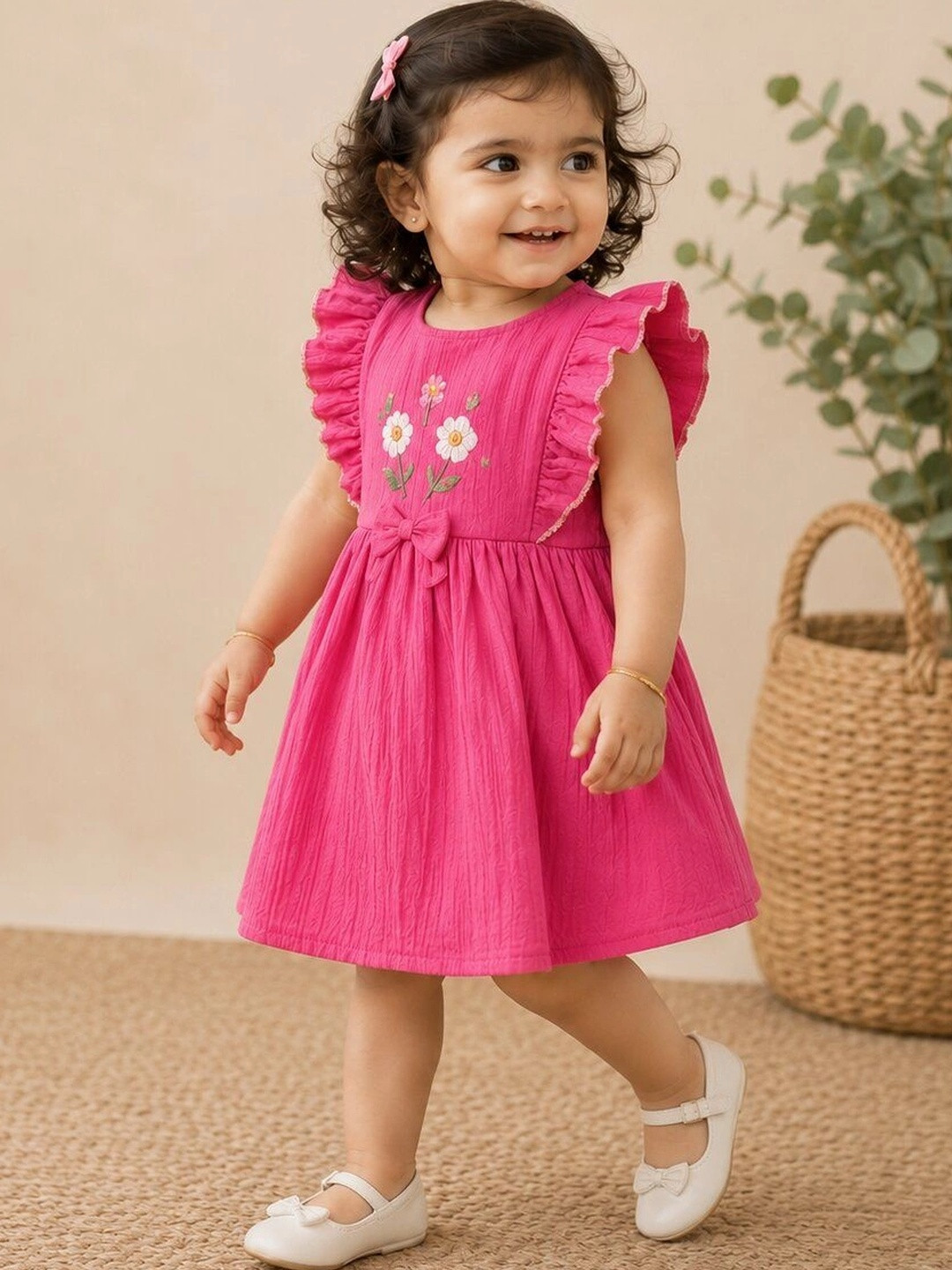 LITTLE APPLE Floral Embroidered Flutter Sleeve Ruffled Organic Cotton A-Line Dress