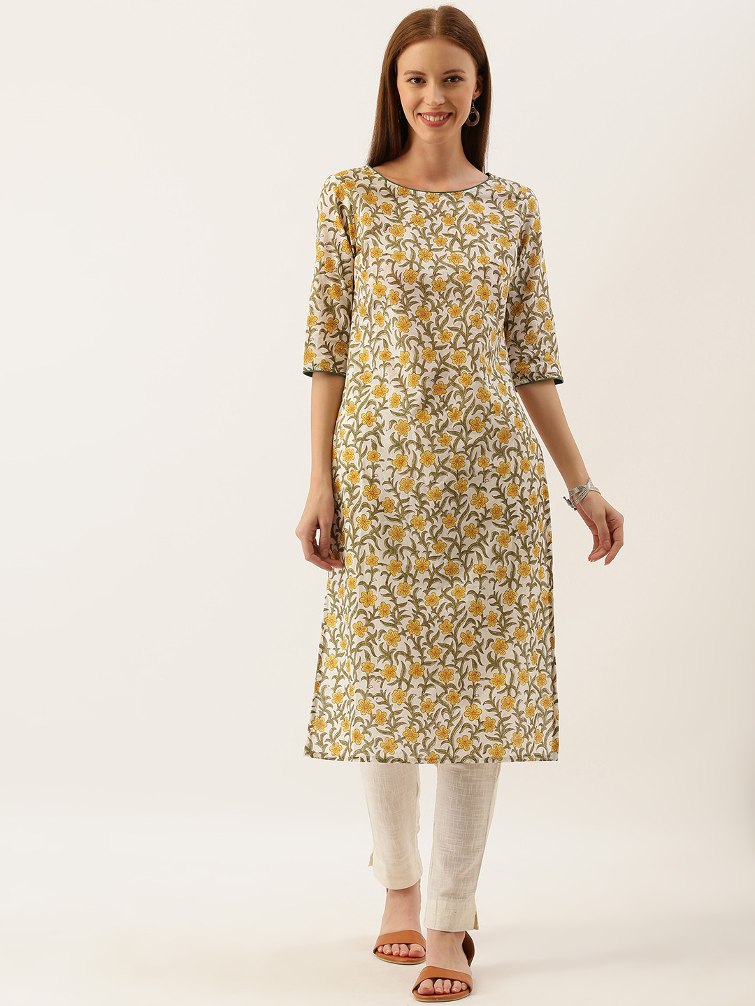 Taavi Women White & Yellow Sanganeri Block Print Boat Neck Straight  Kurta