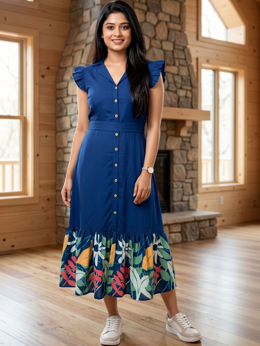 Ethniclook Tropical Colourblocked Flutter Sleeve Ruffled A-Line Midi Dress