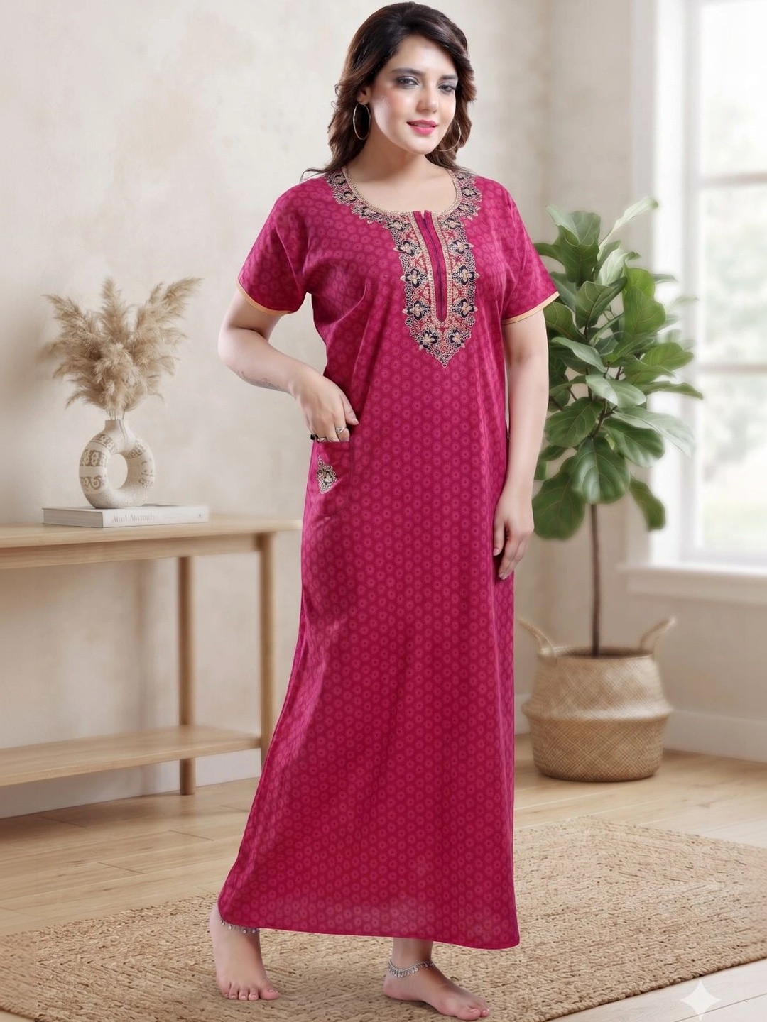 TRUNDZ Floral Printed Round Neck Short Sleeves Pure Cotton Maxi Nightdress
