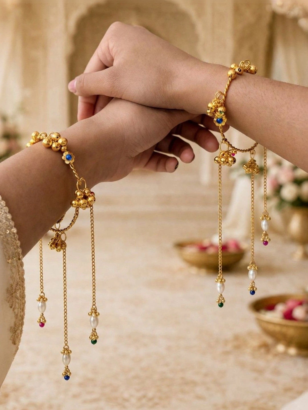 Yellow Chimes Multicolour Set of 2 Gold-Plated Crystals Pearl Ethnic Bangles