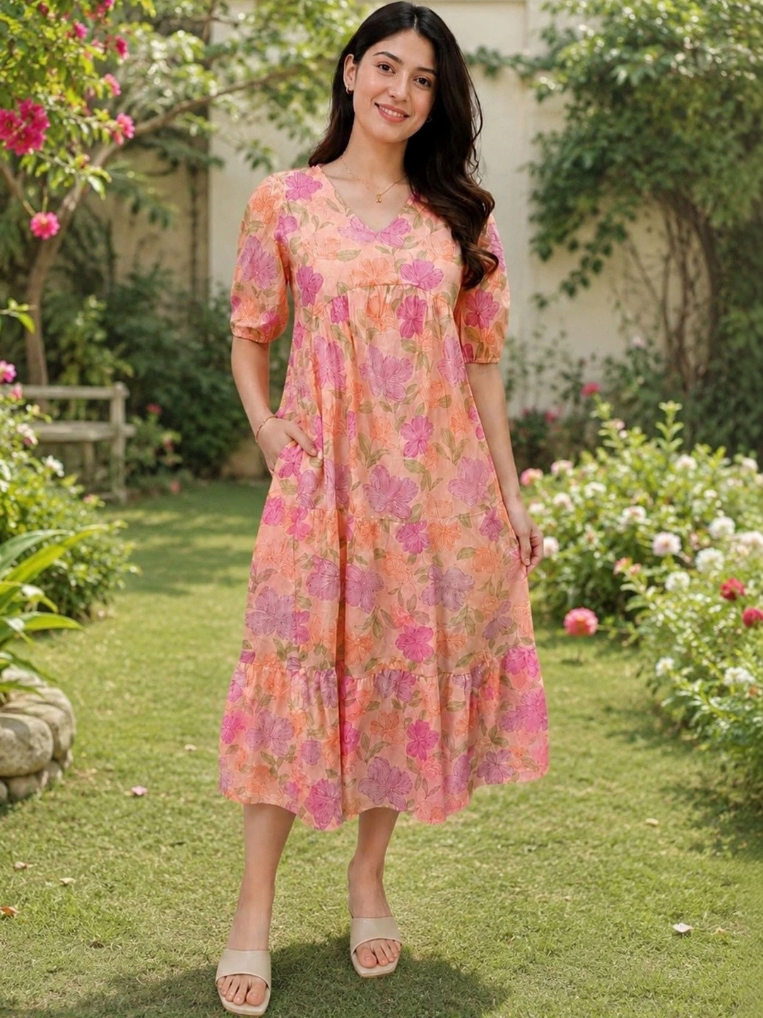 Kamayra Floral Print Puff Sleeve A-Line Midi Dress