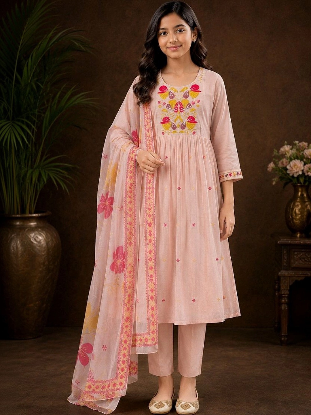 7Tiara Girls Floral Embroidered Empire Thread Work Chanderi Cotton Kurta with Trousers & With Dupatta