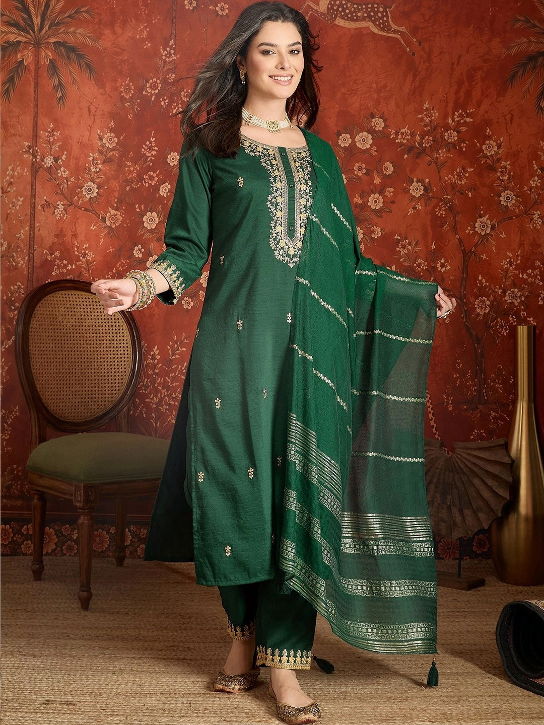 Sangria Women Ethnic Motifs Embroidered Regular Thread Work Kurta with Trousers & With Dupatta