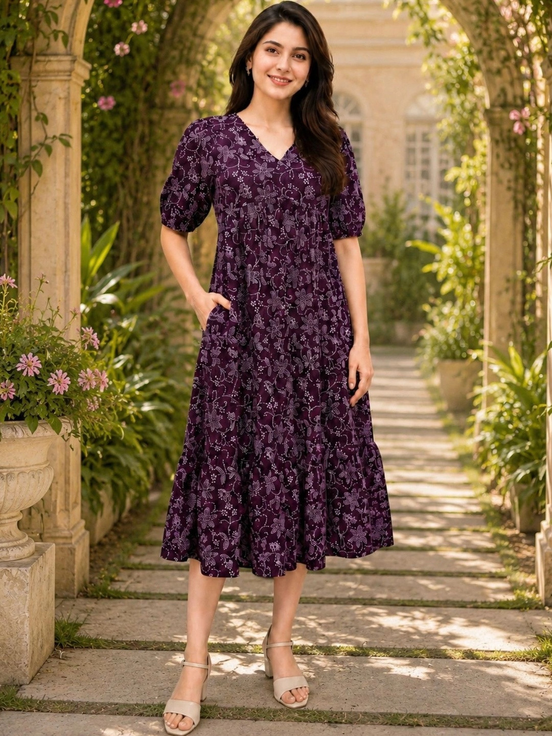 Kamayra Floral Print Puff Sleeve A-Line Midi Dress