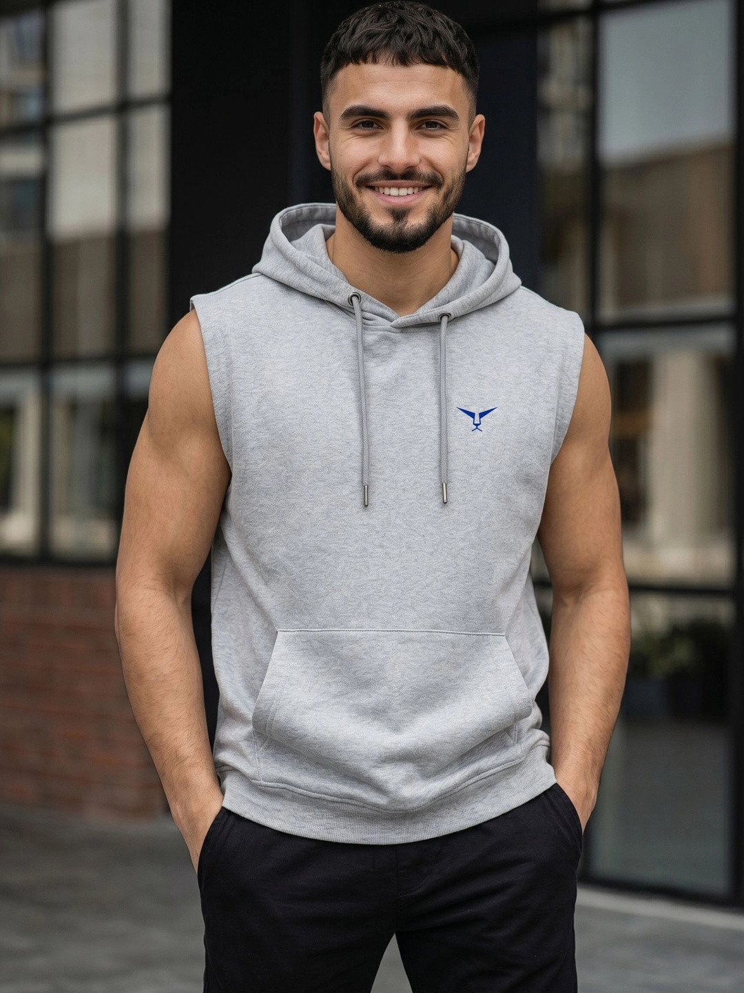 LEON Men Solid Hooded Sleeveless Sweatshirt