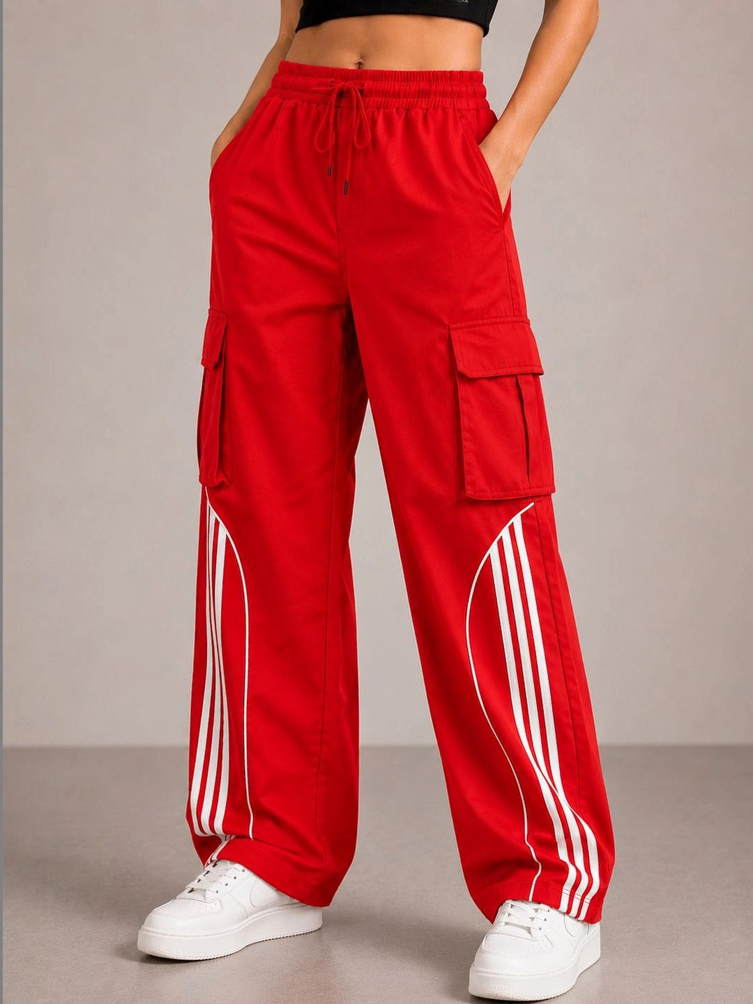 THE HOUSE OF THREADS Women Striped Relaxed Loose Fit High-Rise Easy Wash Cargos Trousers