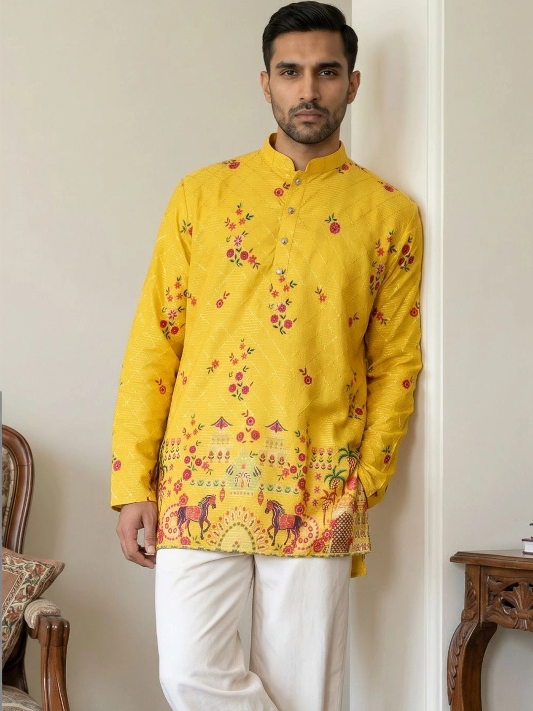 Jompers Men Floral Printed Short Kurta