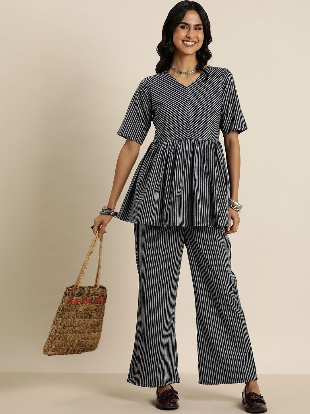 Taavi Women Striped Empire Pure Cotton Top with Palazzos