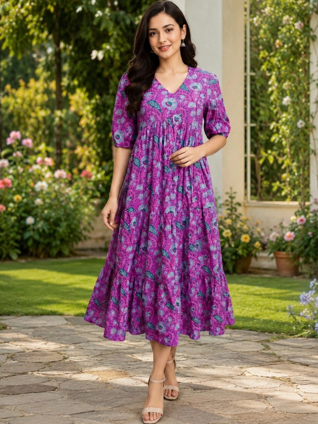 Kamayra Floral Print Puff Sleeve A-Line Midi Dress