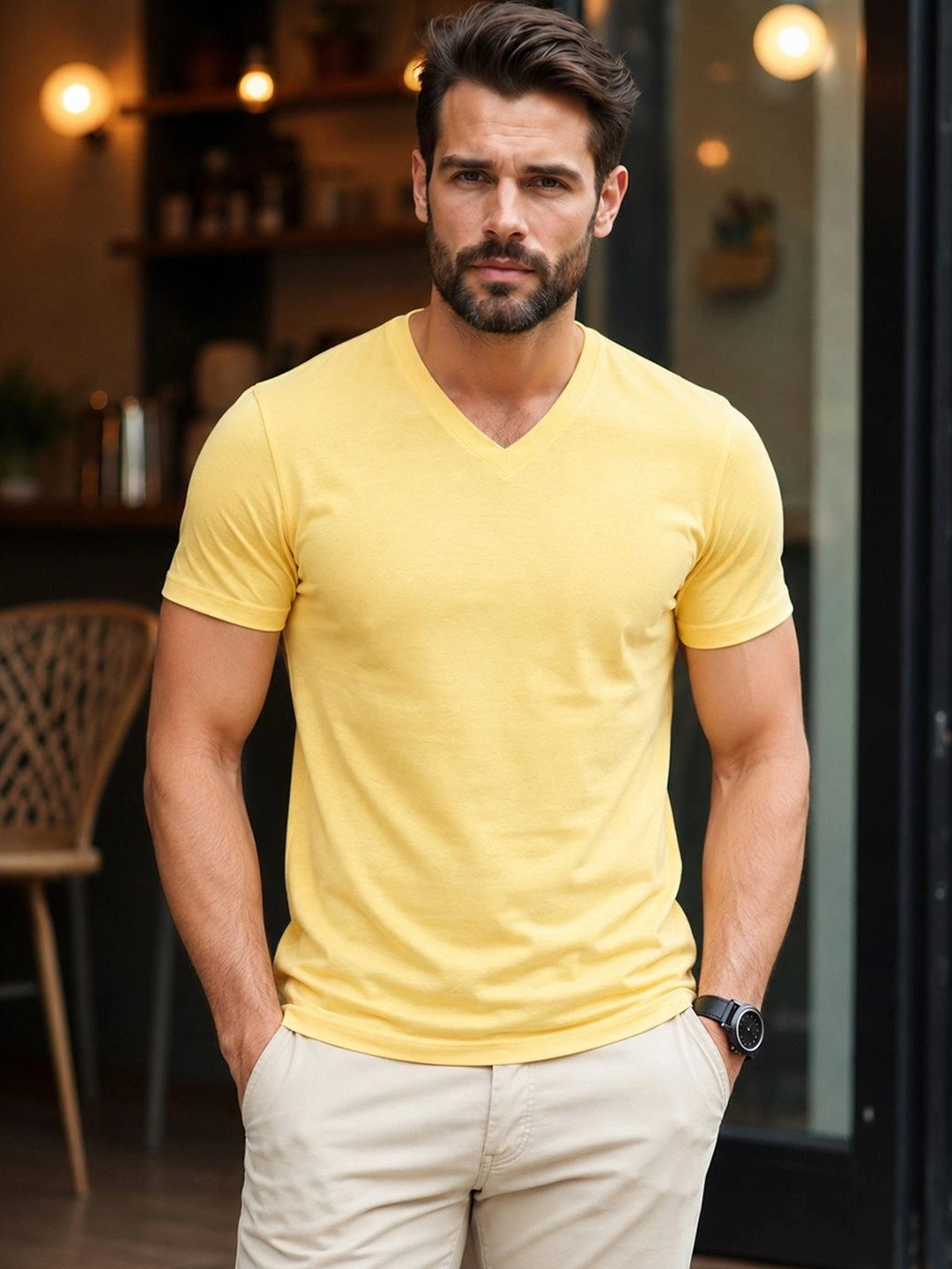 FBAR Men Solid Cotton V Neck T Shirt