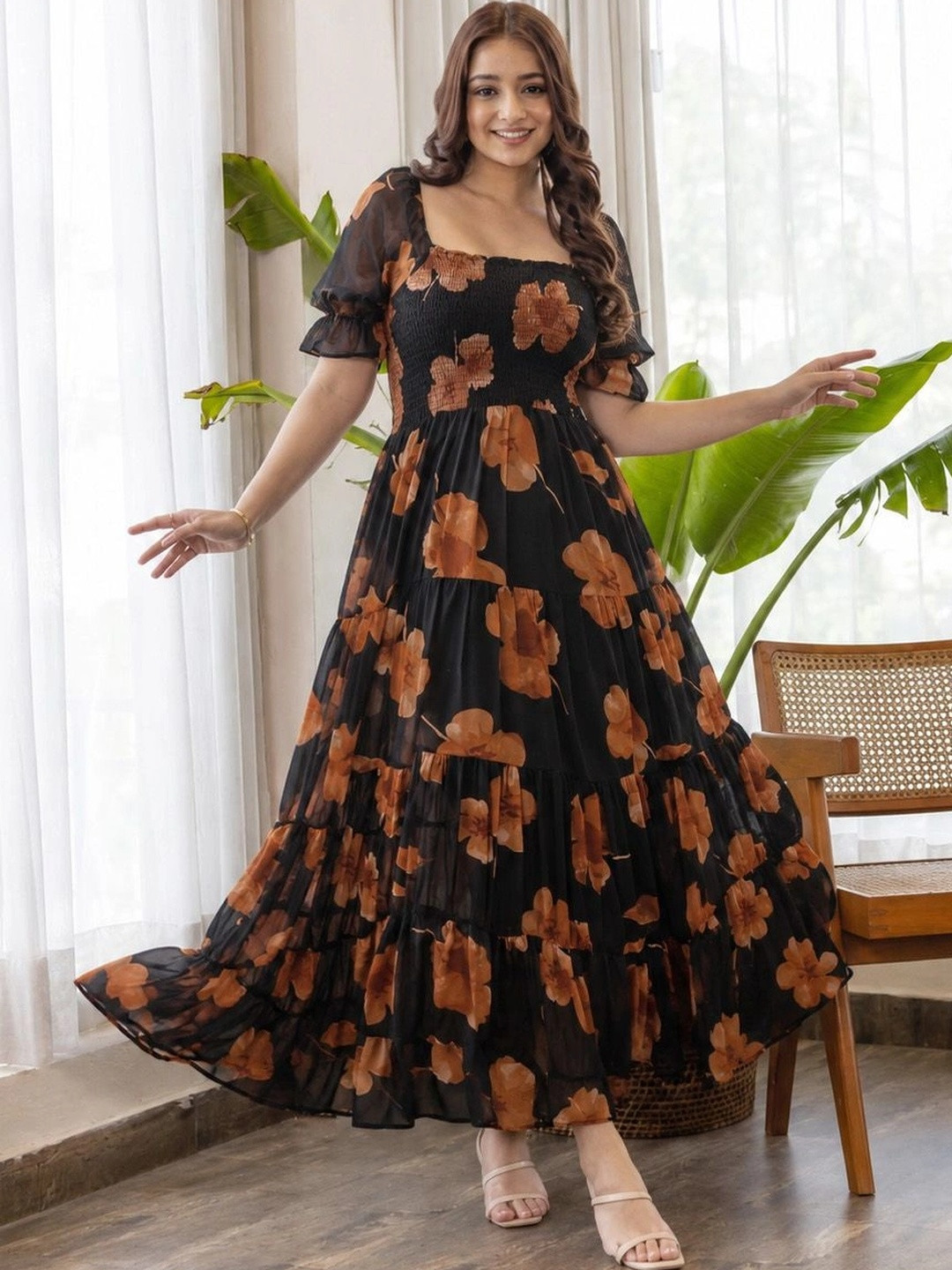 HeyStree Floral Print Puff Sleeve A-Line Maxi Dress