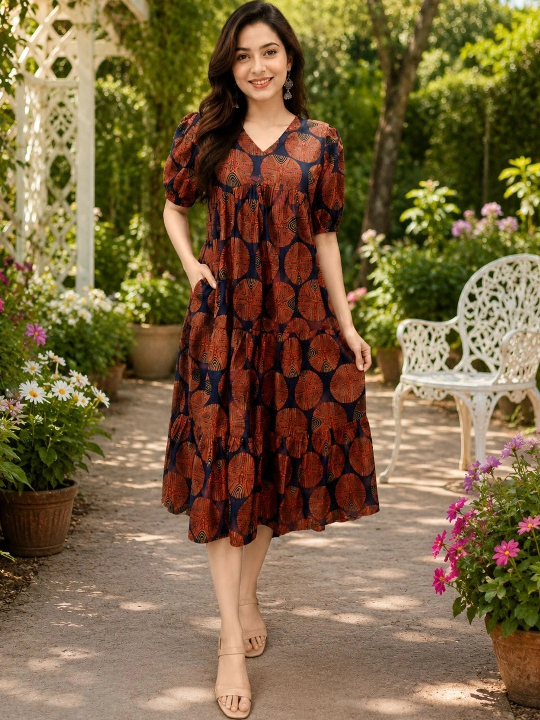 Kamayra Print Puff Sleeve A-Line Dress