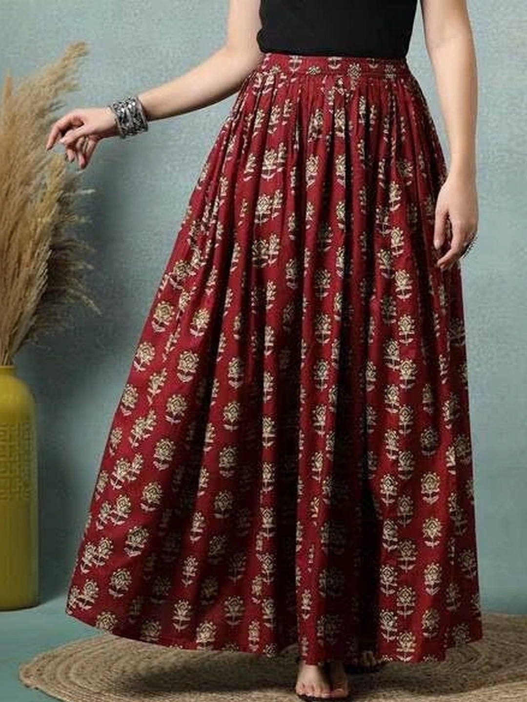 REAM Women Pure Cotton Floral Maxi Flared Skirt