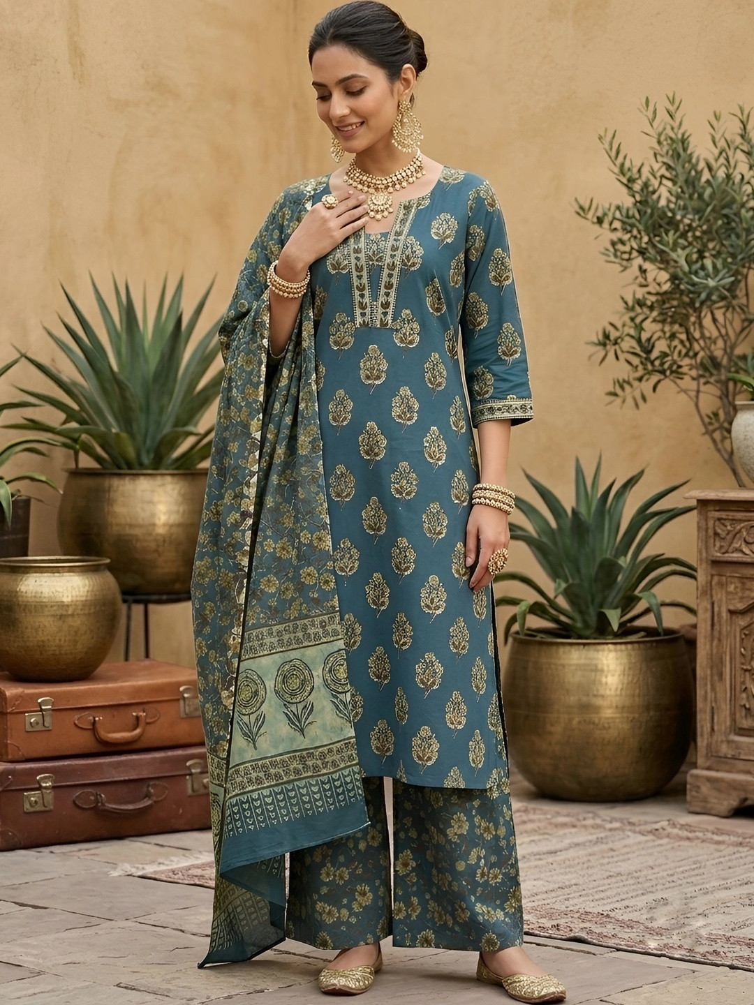 Nayo Women Ethnic Motifs Printed Regular Pure Cotton Kurta with Palazzos & With Dupatta