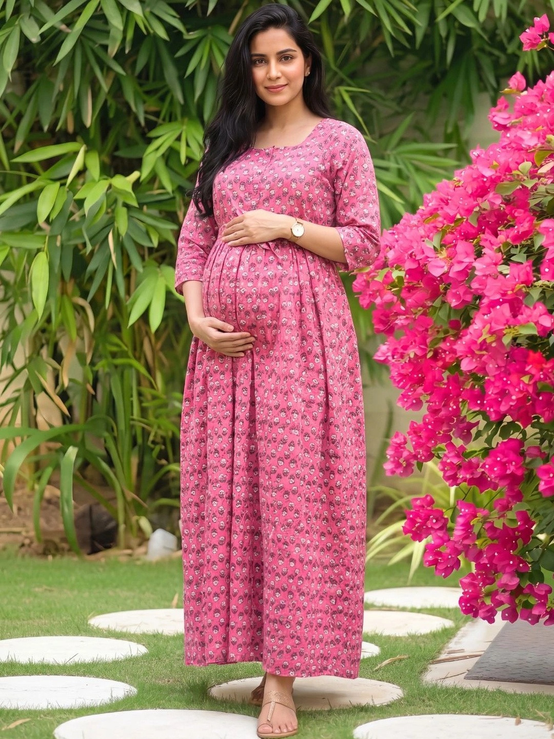 Asenne Floral Printed Soft Cotton Maternity A-Line Maxi Dress With Both Side Feeding Zip