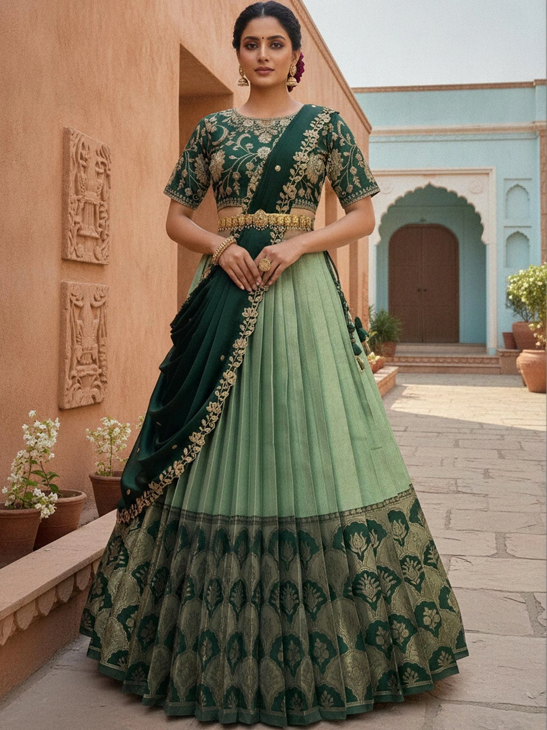 Pink Bindi Embellished Sequinned Unstitched Lehenga & Blouse With Dupatta