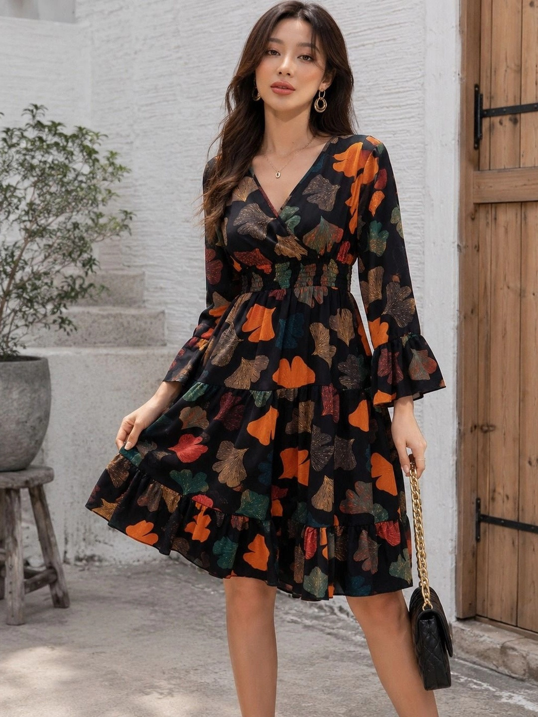 BAESD Floral Print Flared Sleeve A-Line Dress