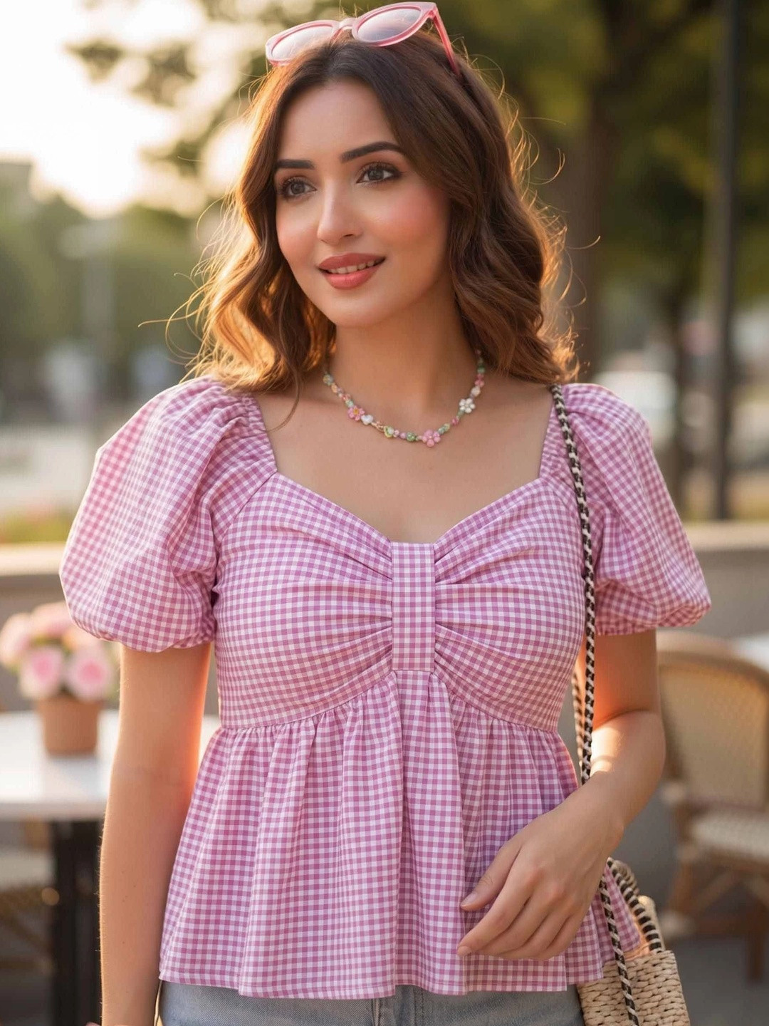 manokamna Checked Puff Sleeve Cotton Top