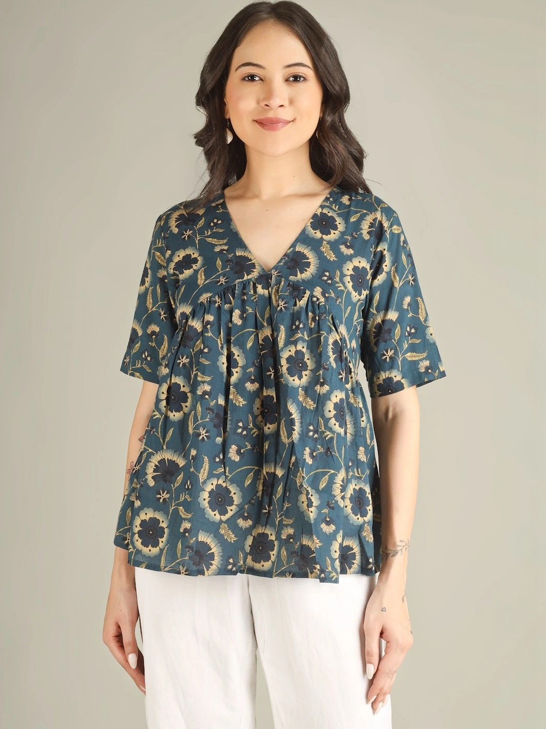 SPARSA Floral Print Cotton Top