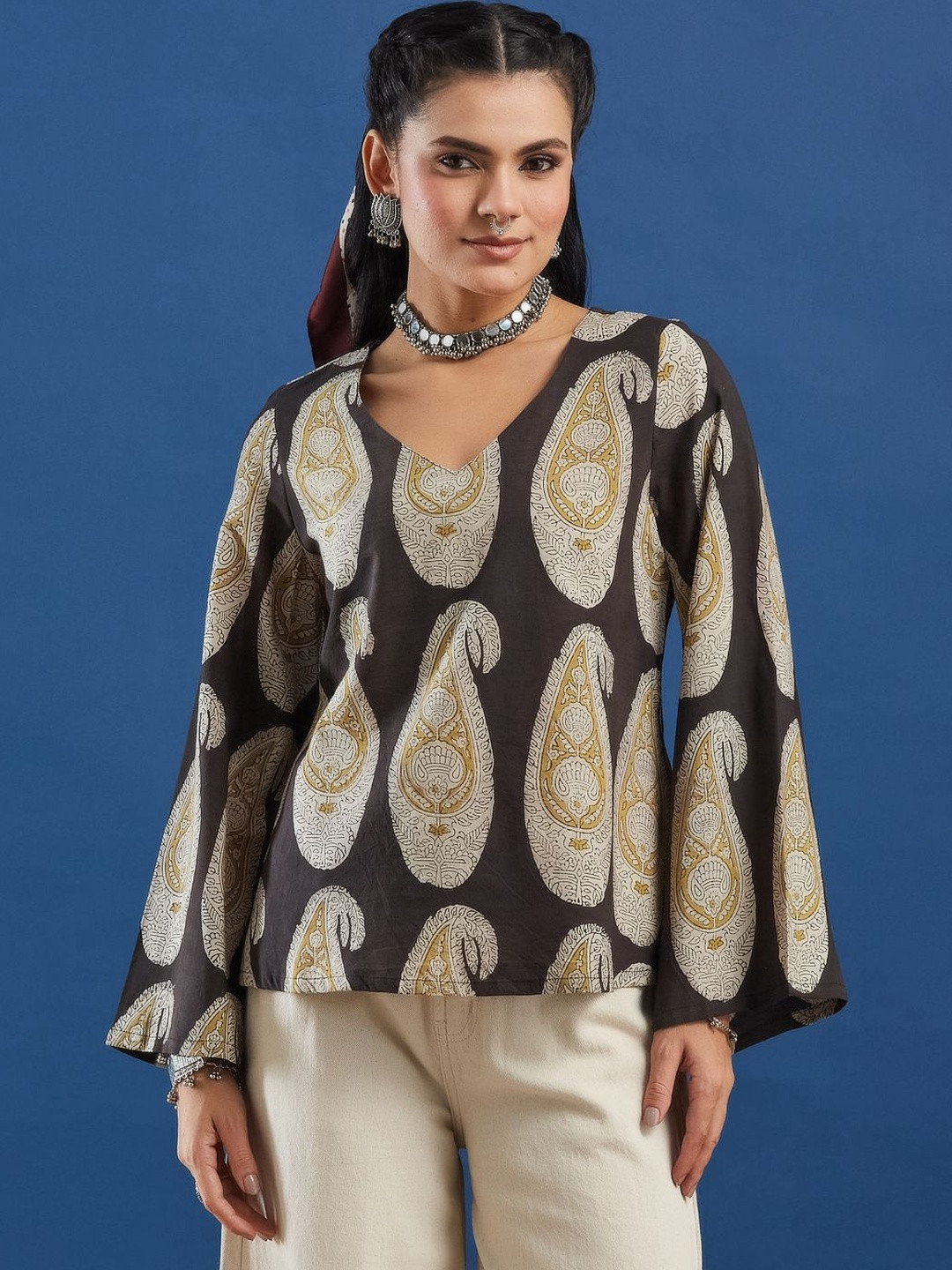Taavi Print Flared Sleeve Ethnic Cotton Top