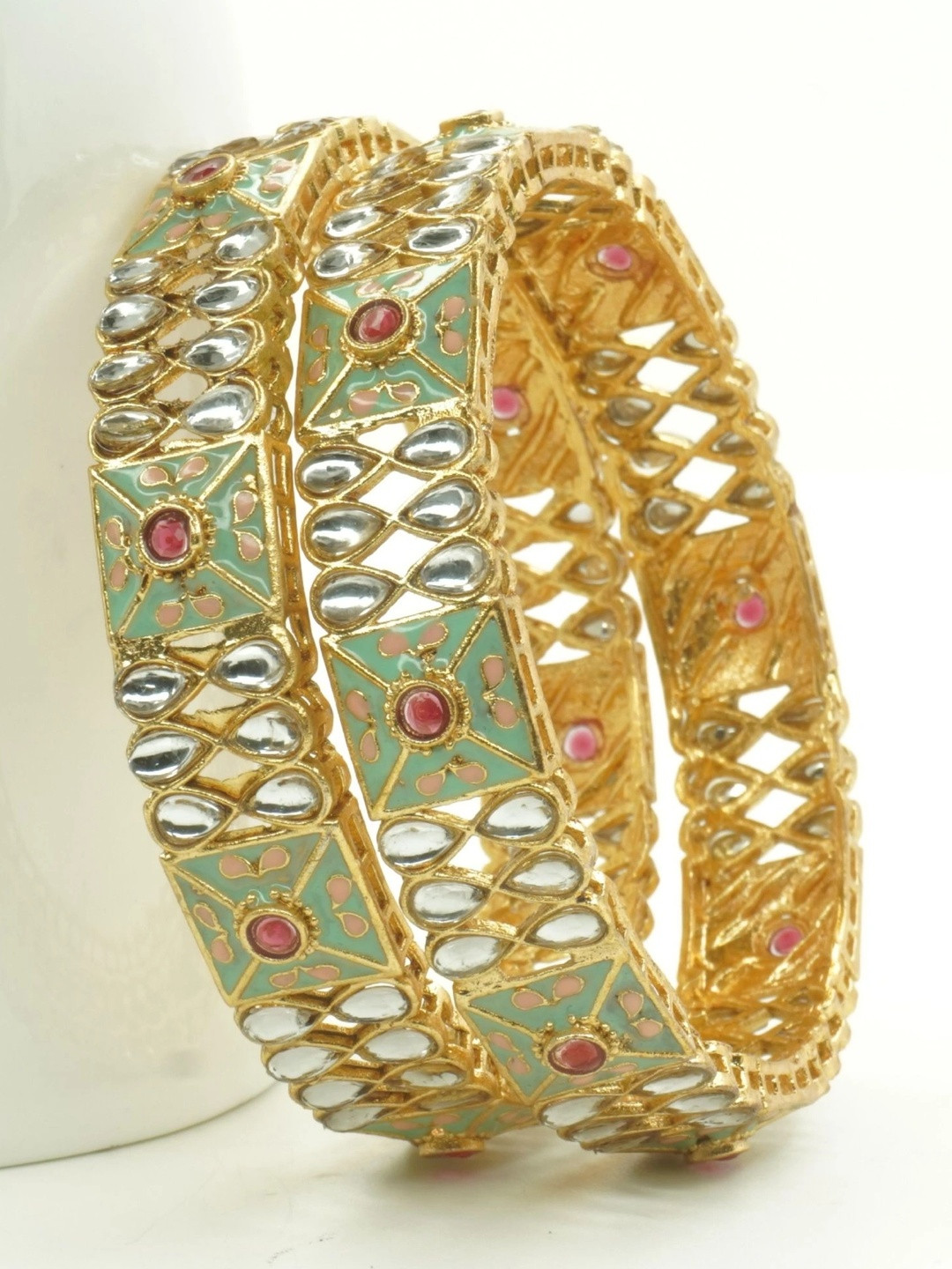 Panini jewels Set of 2 Gold-Plated Enamelled Stone Studded & Beaded Bangles