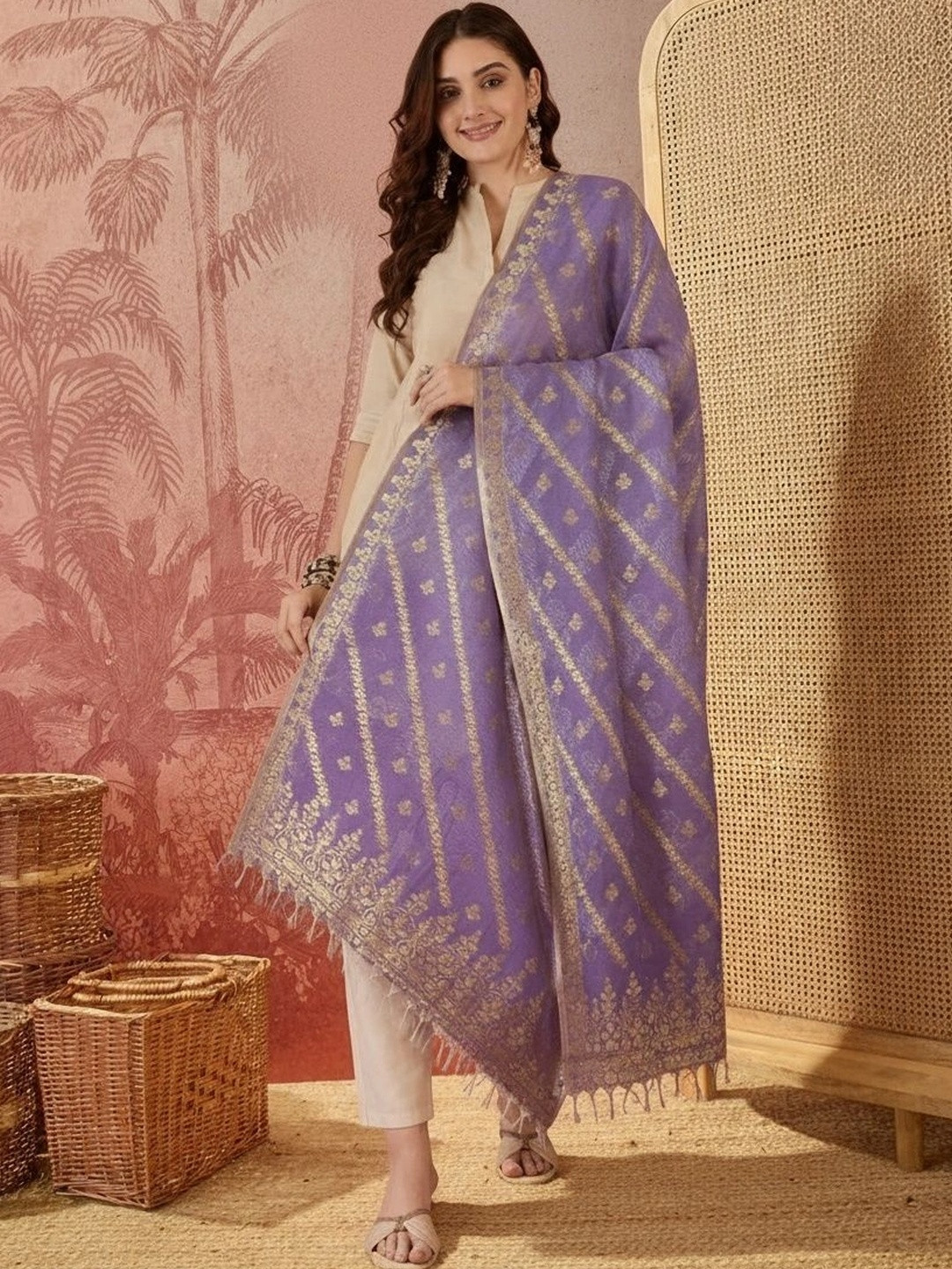 Sangria Ethnic Motifs Woven Design Dupatta with Zari