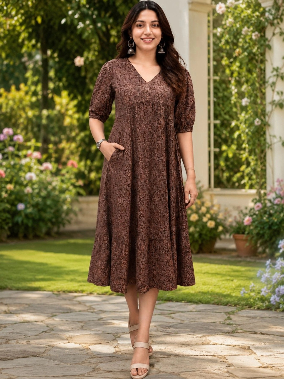 Kamayra Ethnic Motifs Print Puff Sleeve A-Line Midi Dress