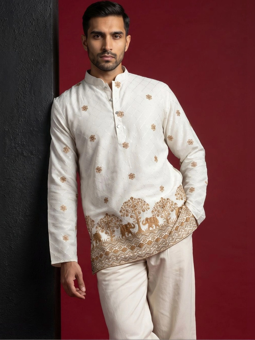 Jompers Men Embroidered & Printed Short Kurta
