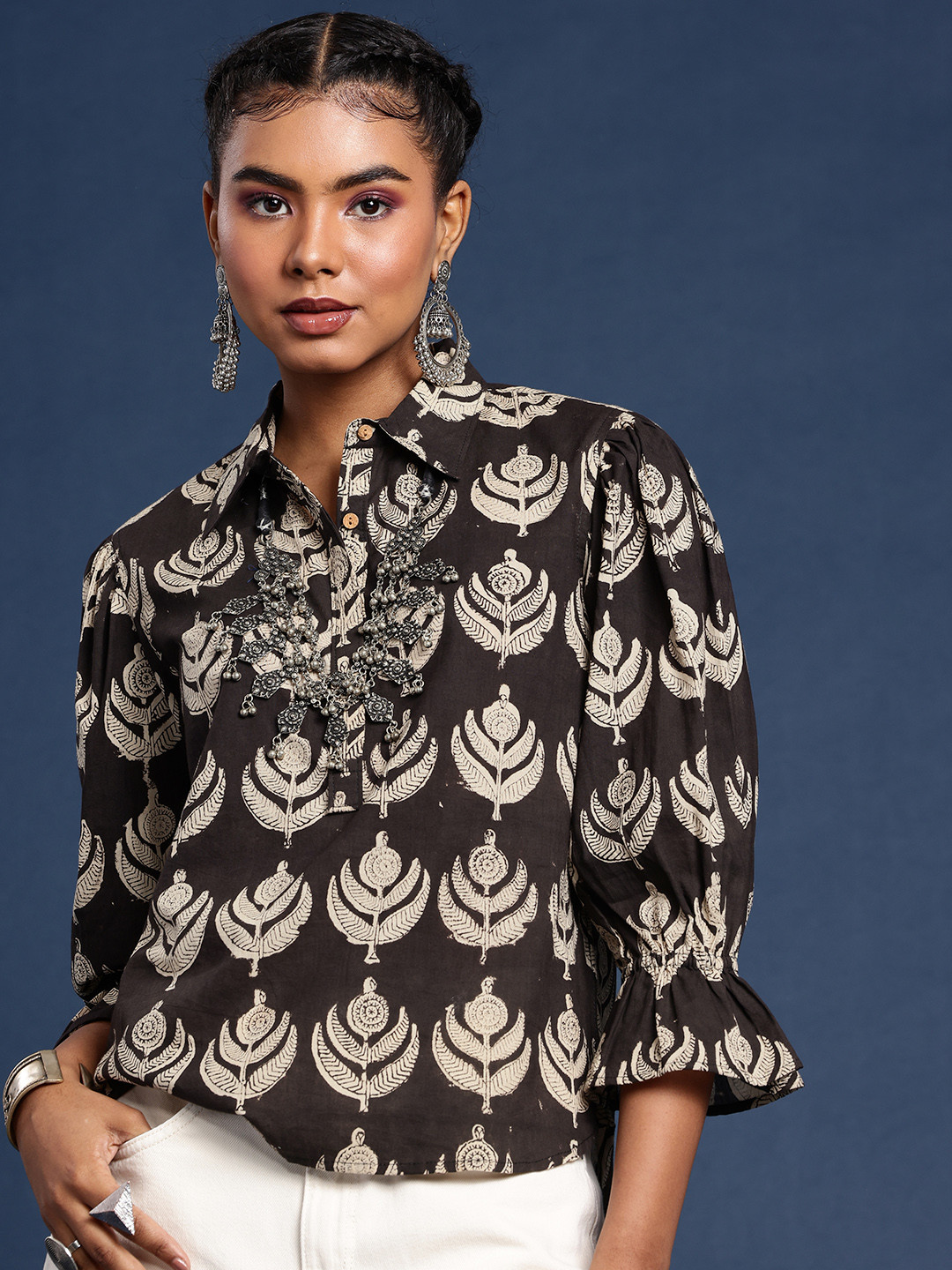 Taavi Hand Block Print Bishop Sleeves Cotton Shirt Style Top