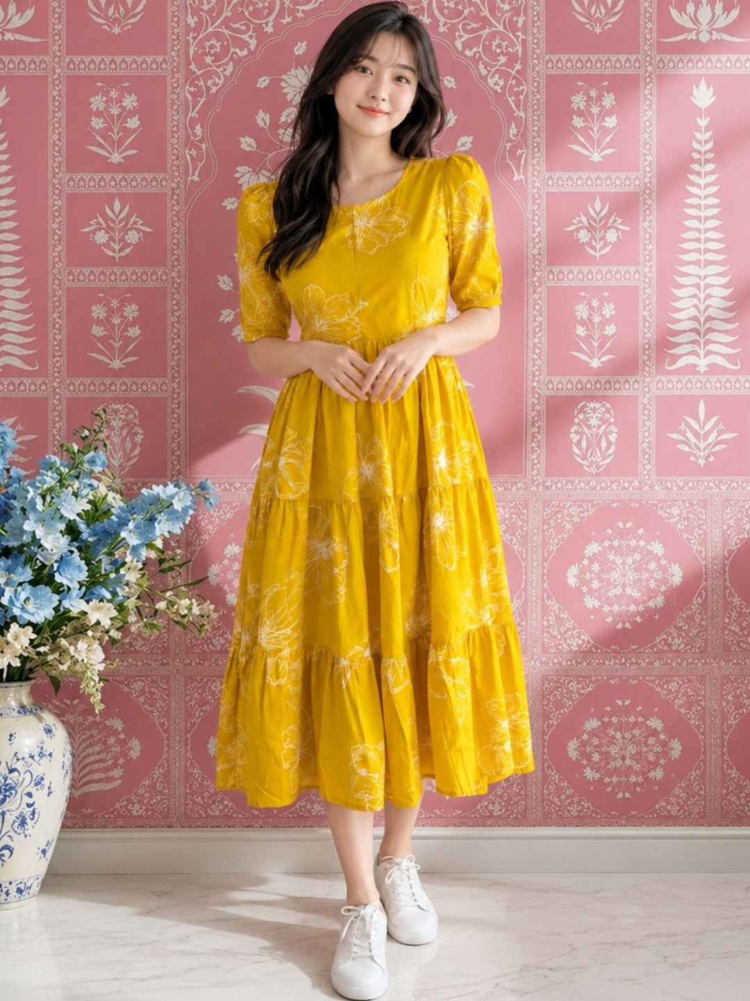 NAVYAAZRI Floral Print Puff Sleeve A-Line Midi Dress