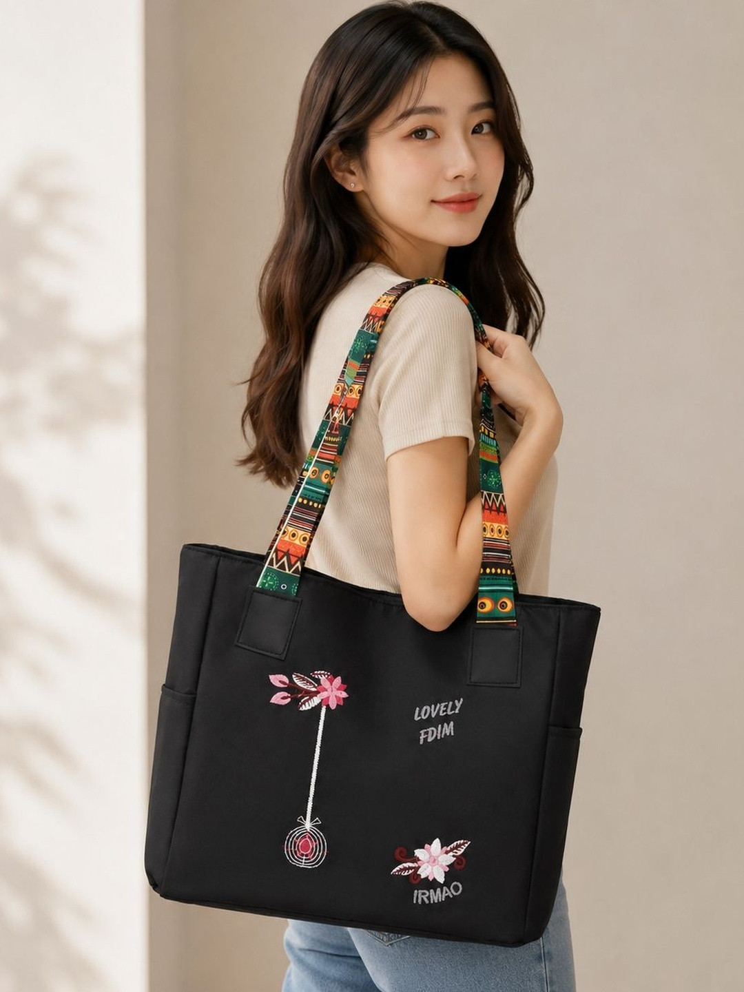 IRMAO Women Black Graphic Printed Embroidered Tote Bag