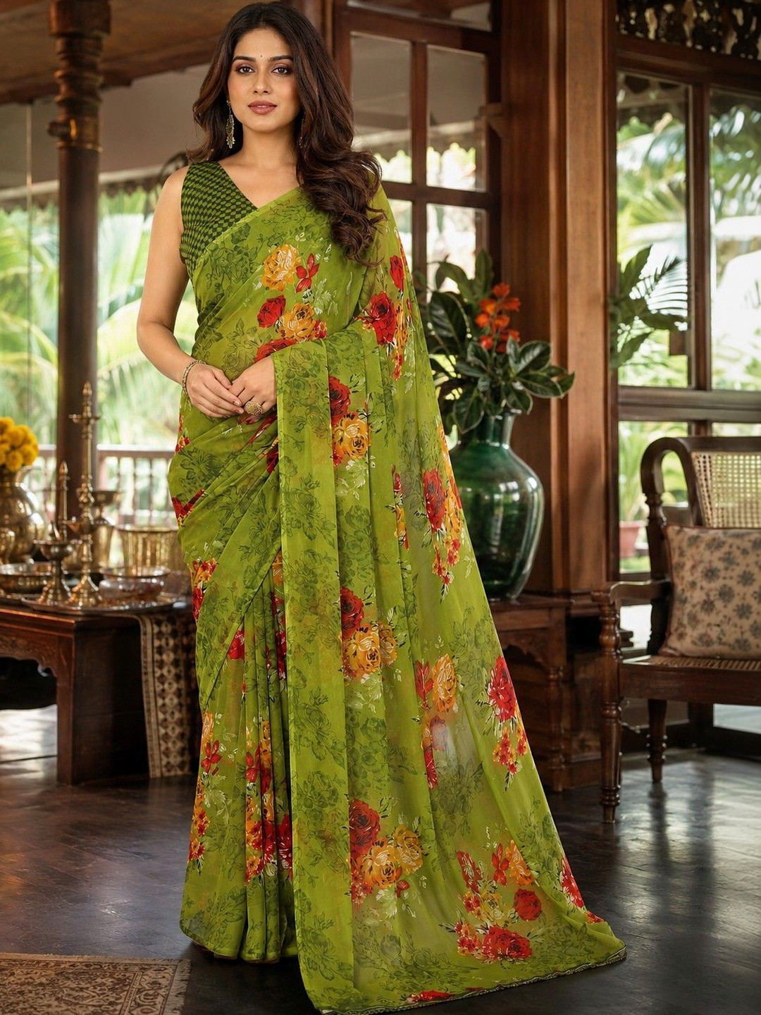 JANOI Floral Poly Georgette Saree