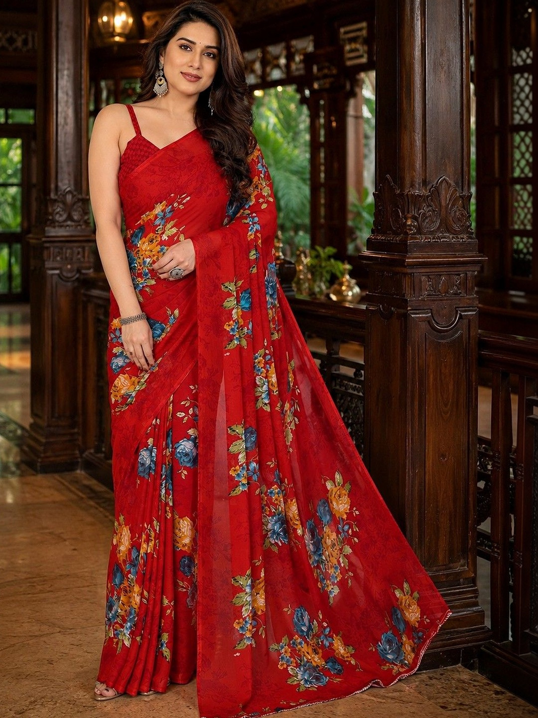 JANOI Floral Printed Poly Georgette Saree With Blouse Piece