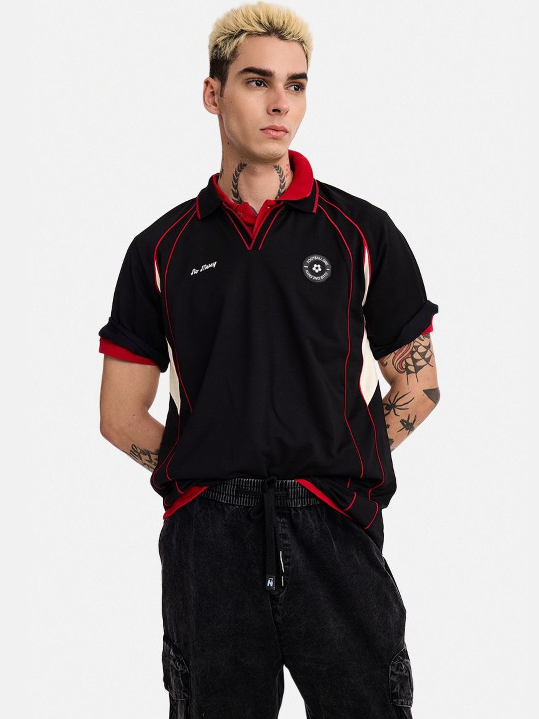 Snitch Men Polo Collar Extended Sleeves Applique T-shirt
