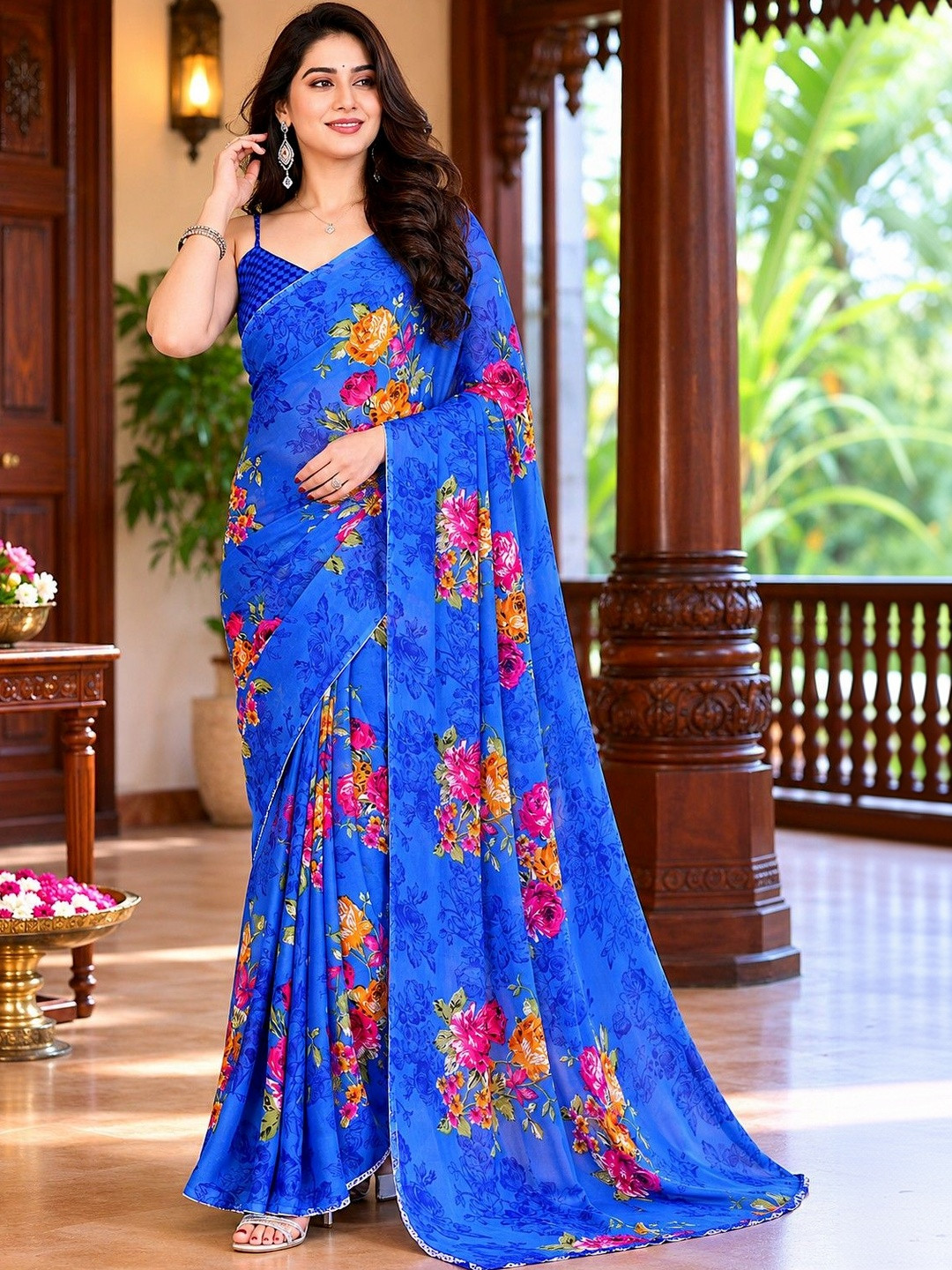 JANOI Floral Poly Georgette Saree