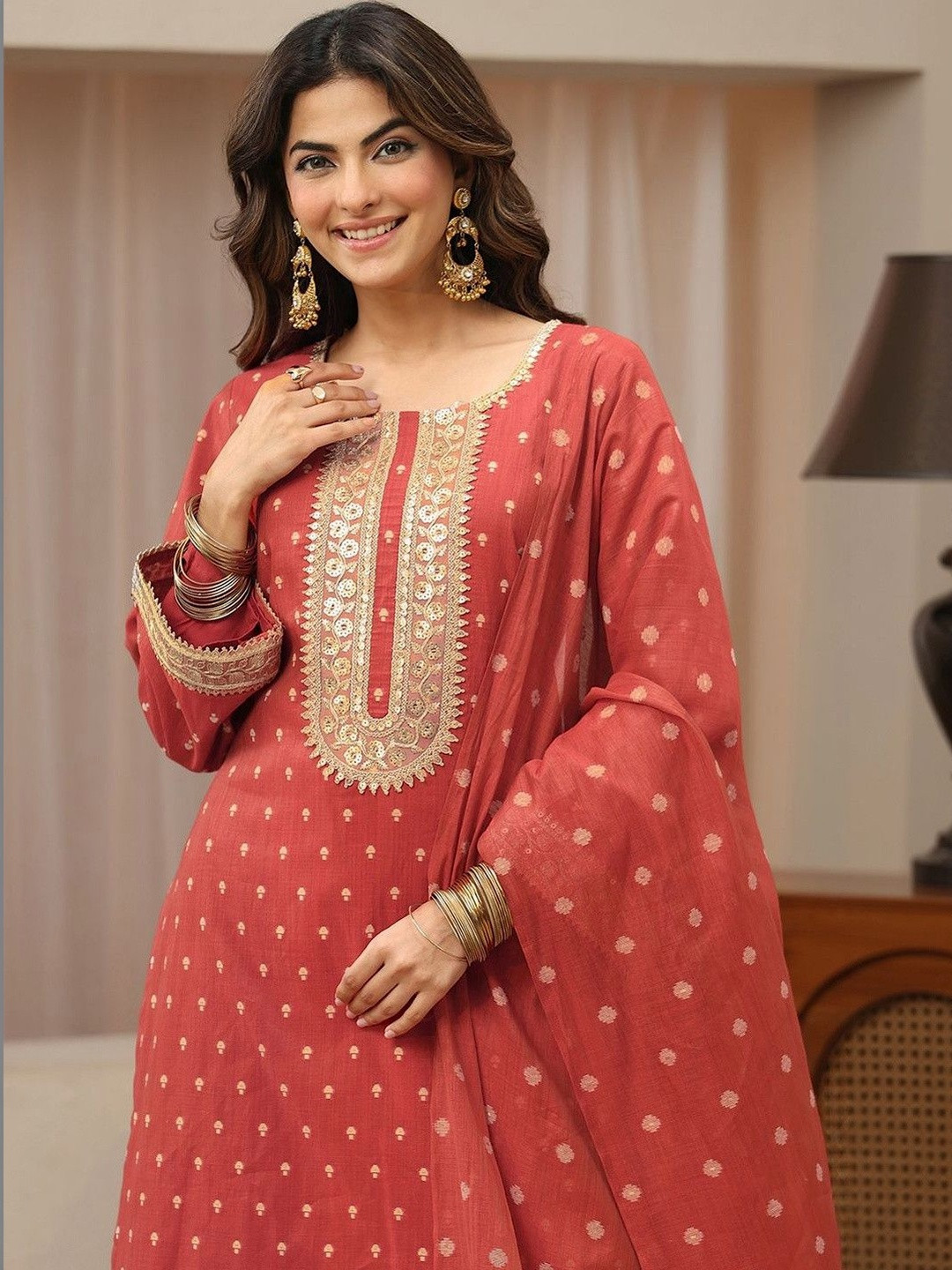 Libas Vermillion Orange Woven Design Chanderi Silk Palazzo Suit Set