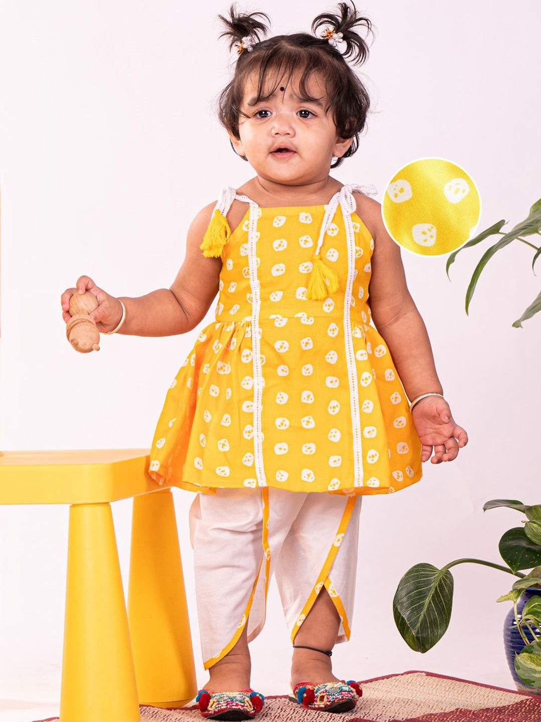 VASTRAMAY Girls Yellow Bandhni Kurta & Dhoti Pant Set