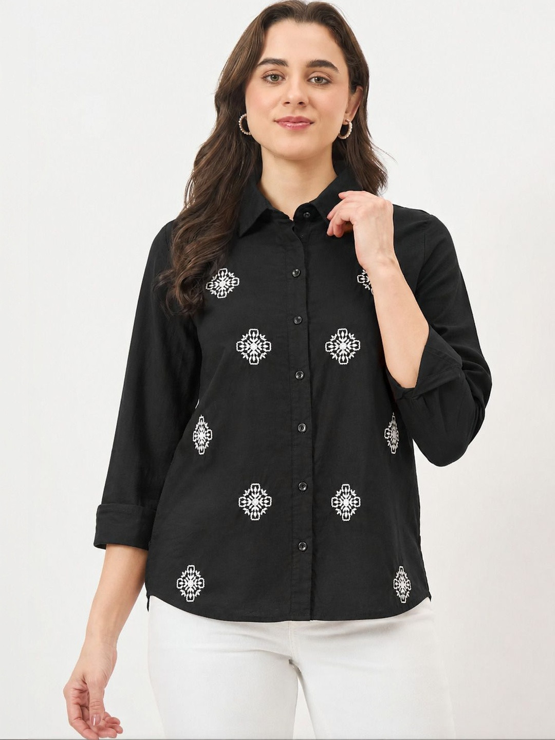BEVOLKEN Women Black Cotton Embroidered Regular Fit Shirt