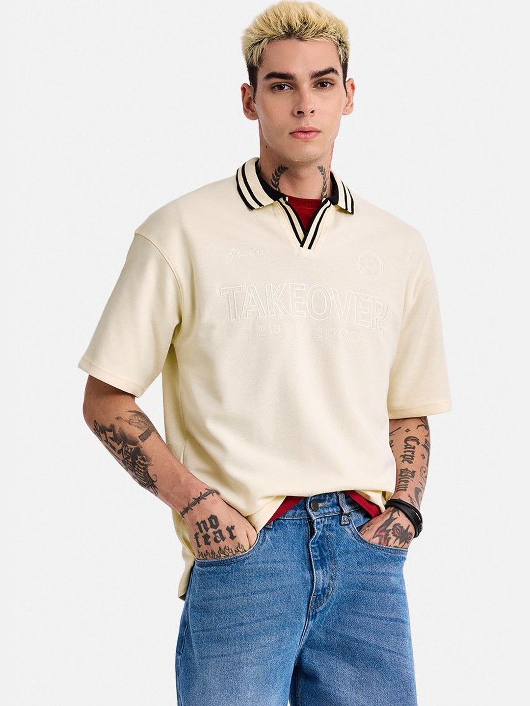 Snitch Men Typography Polo Collar Applique T-shirt