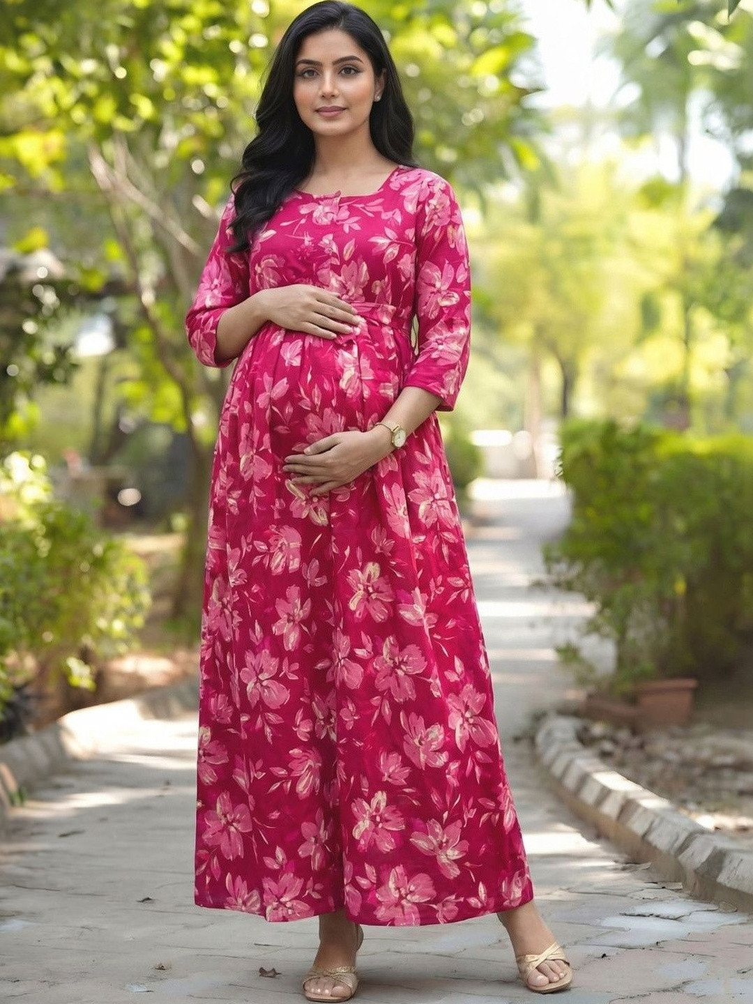 Asenne Floral Printed Cotton Maternity Maxi Dress with Both Side Feeding Zip